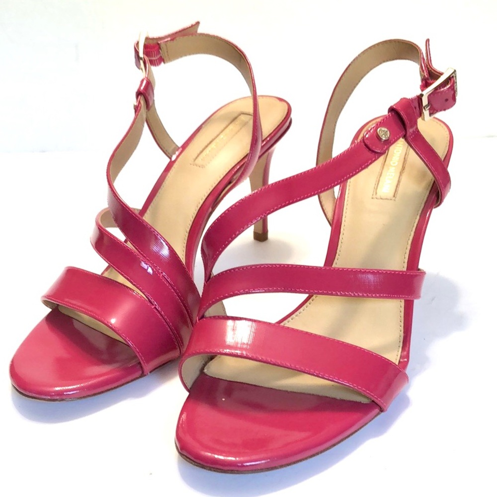Antonio Melani Pink Open Toe Diagonal Upper Buckle Heel Strap Heeled Sandals
